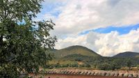Vistas del Parque Nacional de Cabañeros desde la casa rural La Fuente Gorda. Delante, tras la pared del patio, pastan unas vacas Vistas del Parque Nacional de Cabañeros desde la casa rural La Fuente Gorda. Delante, tras la pared del patio, pastan unas vacas